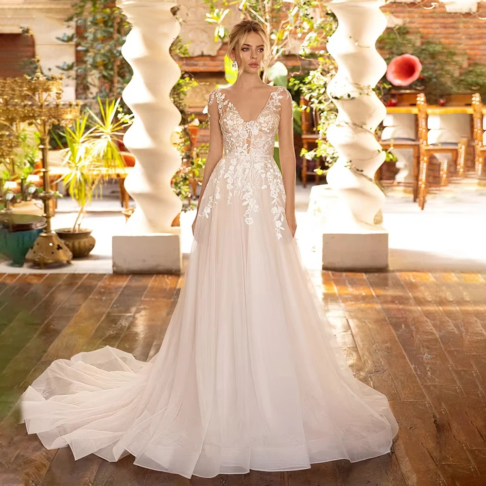 

2025 Sweetheart Collar A-Line Women Wedding Dresses Elegant V-Neck Tulle Bridal Gowns Mopping Length Vestido De Novia Customized