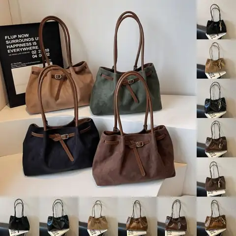Suede/PU Leather Shoulder Bag Retro Elegant Handbag Solid Color Available in 4 Colors Commuting Tote Bag School/Travel/Work