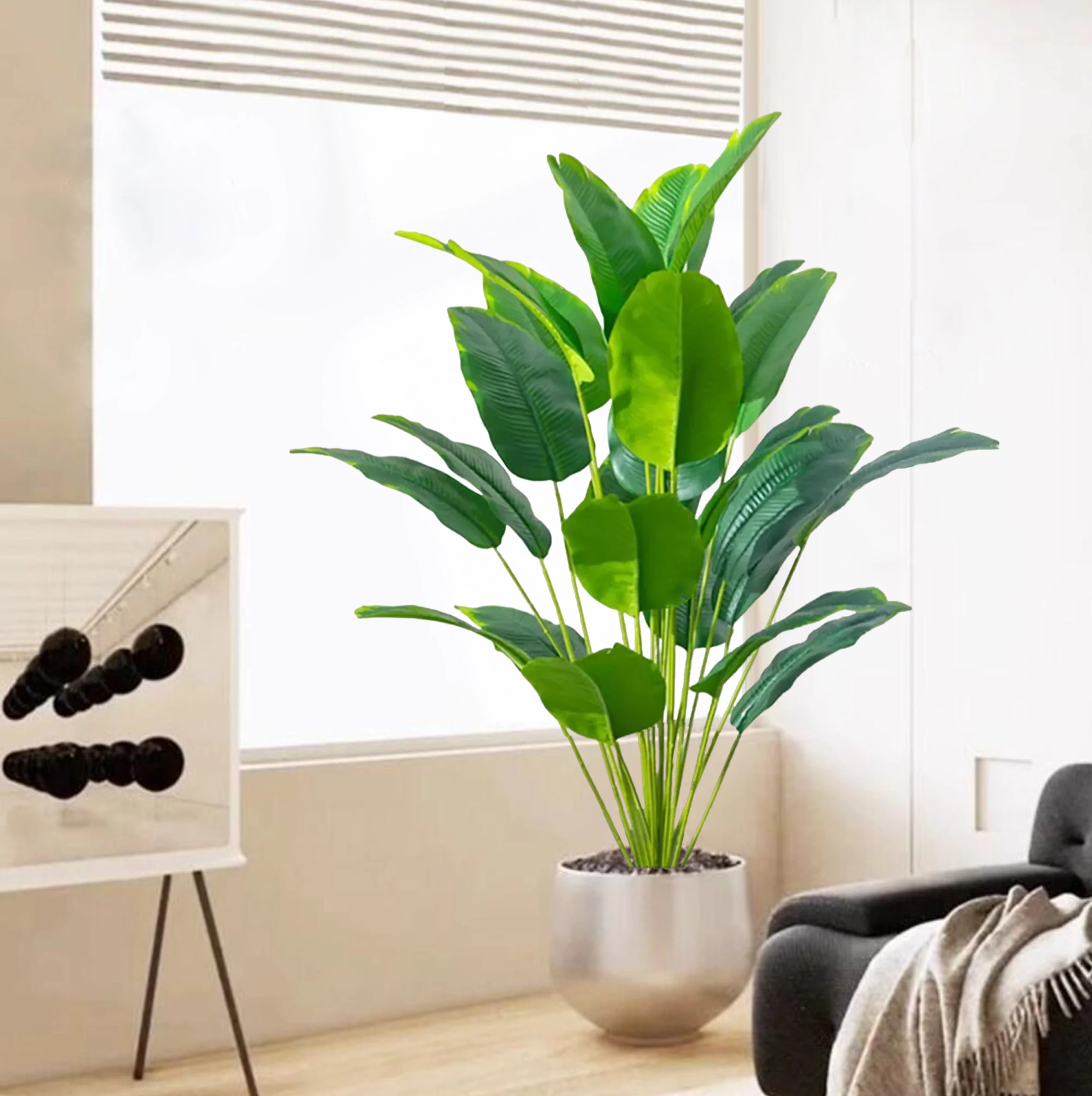 55-142cm/55,9 Zoll Große Tropische Palme Künstliche Bananenpflanze mit Blättern in Echt-Optik Strelitzia Reginae Kunstpflanze für Zuhause – Detail 15