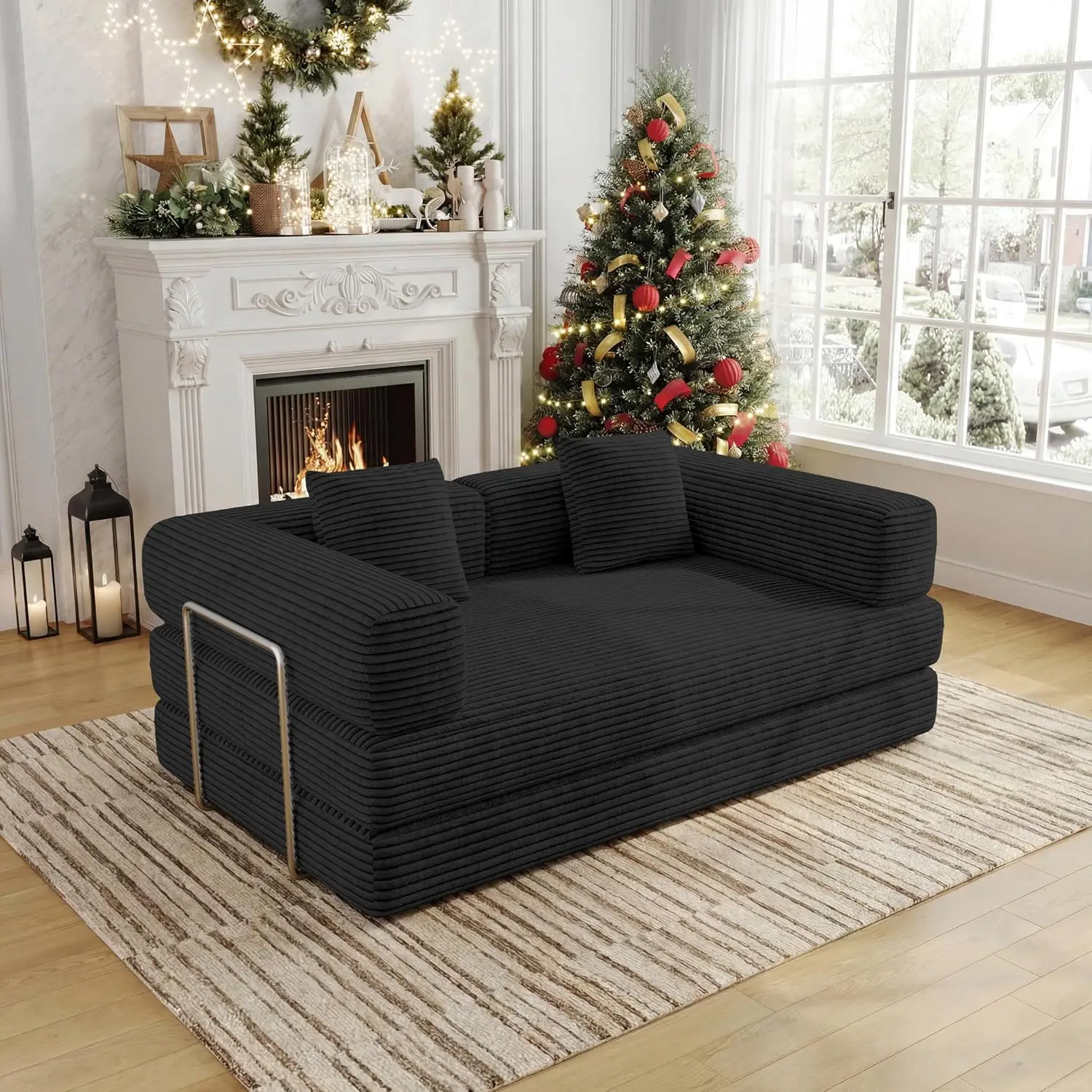 59 Inch Convertible Sofas Bed, 5-in-1 Futon Sofa Pull Out Sleeper Couch, Boneless Couches for Living Room, Corduroy Floor Compre
