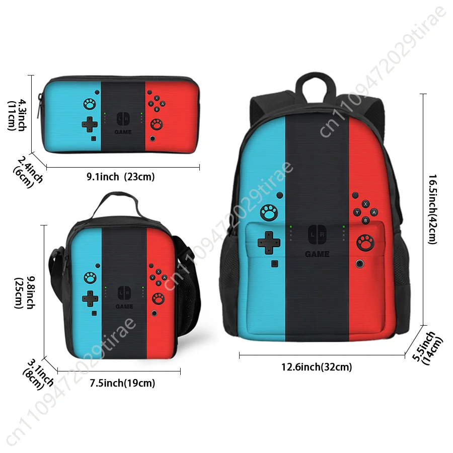 3 Pcs Set Simple Games Console Lunch Bags ,Pen Bags ,Front Bag Backpack For Boys/Girls Children Gifts Teens Laptop BookBag