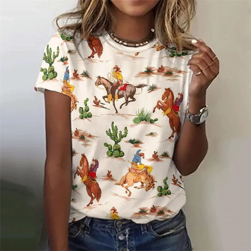 3D Printed Cowboy Horse T-Shirt for Women Colorful Animal Graphic T Shirts Summer Loose Tees Short Sleeves Round Neck Tops