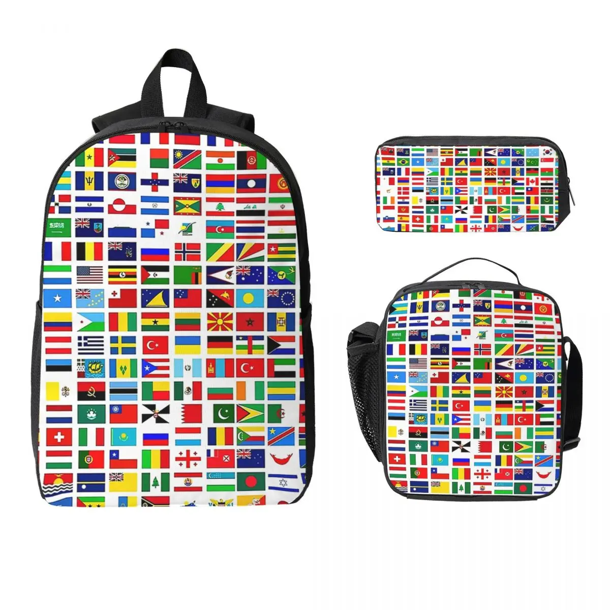

International Flags Of The World Backpack Student Boy Girls BookBag School Bag Shoulder Bags 3ps Insulated Lunch Bag Pencil Case