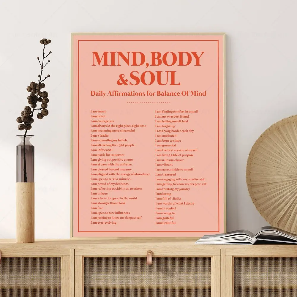 Pink Orange Body Mind & Soul Positive Affirmations Quote Wall Art Canvas Posters and Prints Painting Picture Living Room Decor