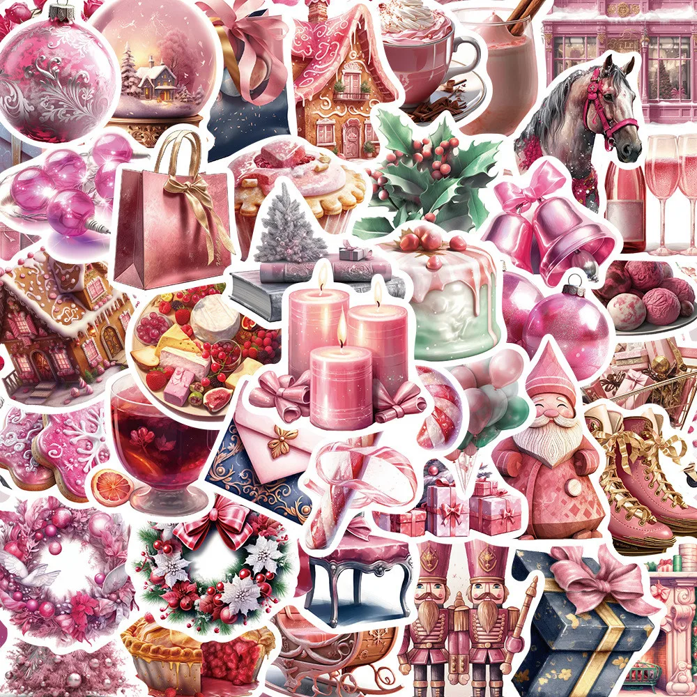 50 piezas de pegatinas de dibujos animados de Navidad de color rosa, decoración DIY impermeable para diarios, guitarras, monopatines, cascos (tienda Anime Worlds)