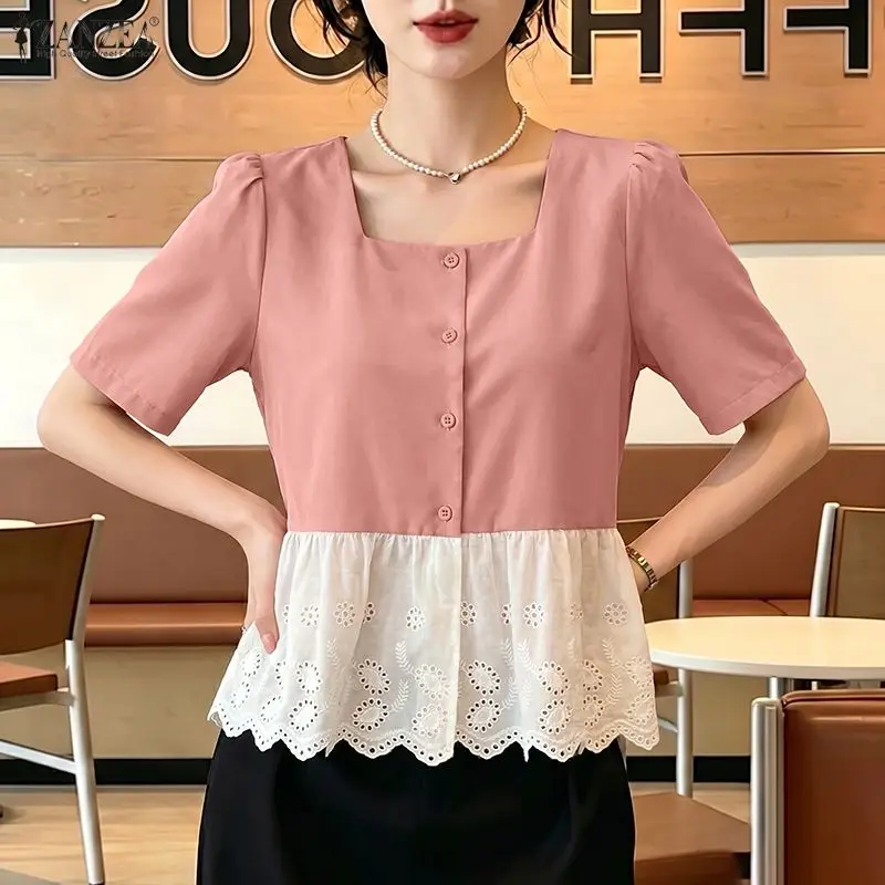 ZANZEA Lace Patchwork Women Blouses Fashion Square Collar OL Work Tops Party Summer Blouse Short Sleeve Tee Blusas Tunic S-3XL