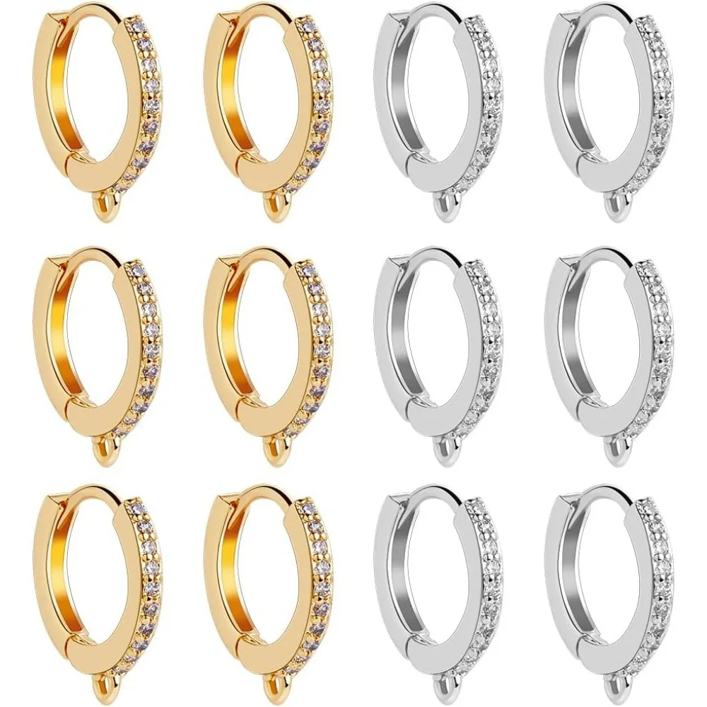 1 Box 12Pcs Round Leverback Hooks 18K Gold and Platinum Plated Brass Cubic Zirconia Huggie Hoop Earrings Findings making kit