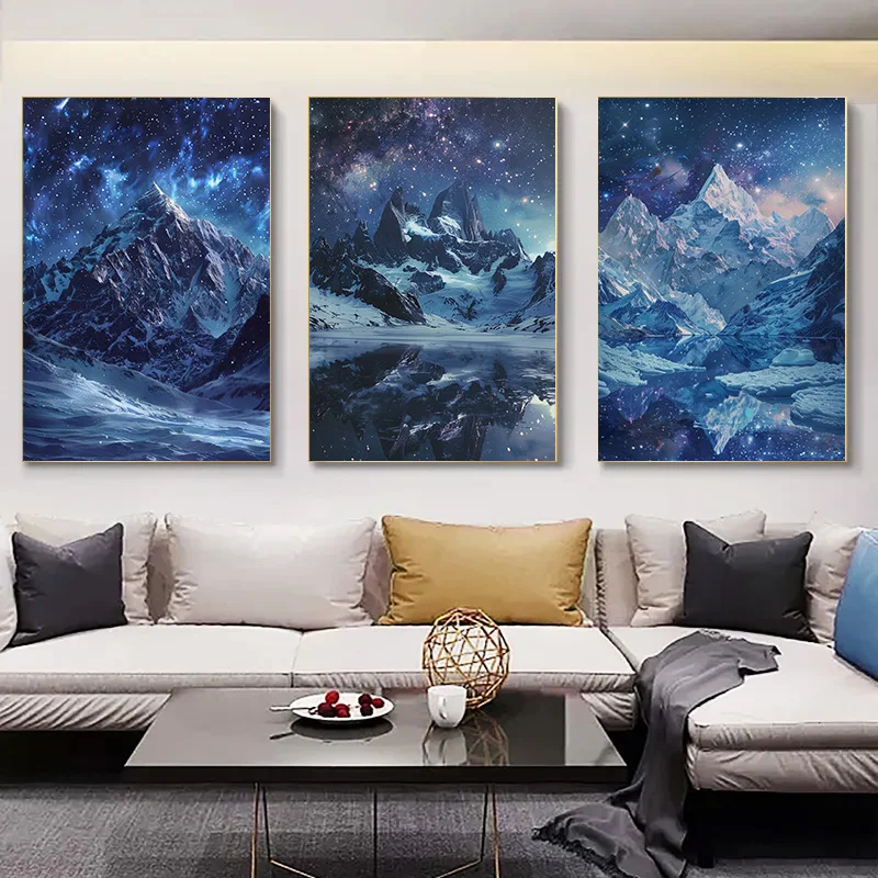 Starry Sky Decoration Bedroom 1pcs Decoration Pictures Room Wall Decororation Canvas Painting Night Snowy Scenery Mountain Peaks