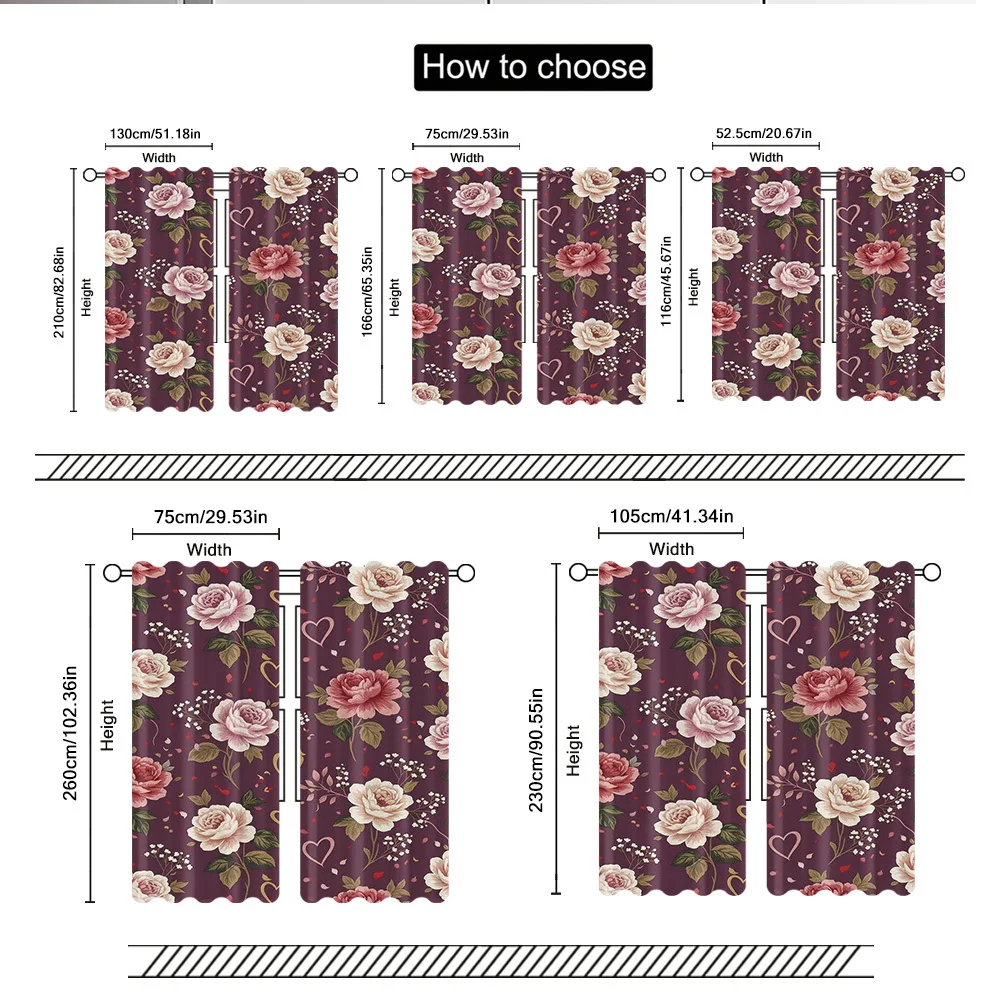 Rose and Heart Design Print Drapes Room Darkening Window Curtains for Home Decor,Rod Pocket Blackout Curtains Bedroom