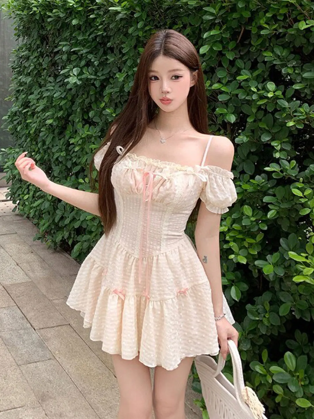 

French Style Polka Dot Puffy Short Skirt One Shoulder Waist Cinched Summer Dress for Young Women Soft Cotton Casual Wear