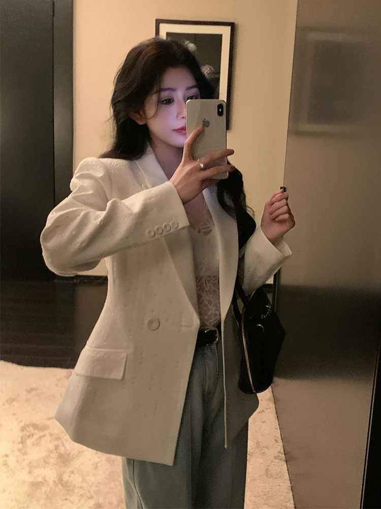 

White Casual Loose Commute Diamond Embellied Single-Button Suit Jaet Outerwear Women's Faion Polyester Fiber Long Sve