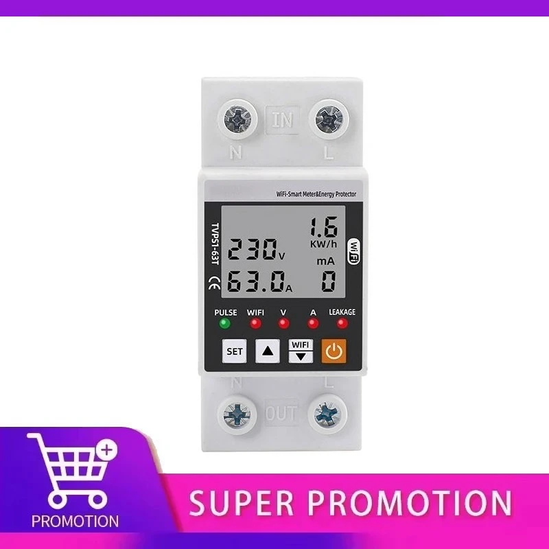 

63A WiFi Smart Earth Leakage Over Under Voltage Protector Relay Device Switch Breaker Energy Power kWh Meter Smart Life