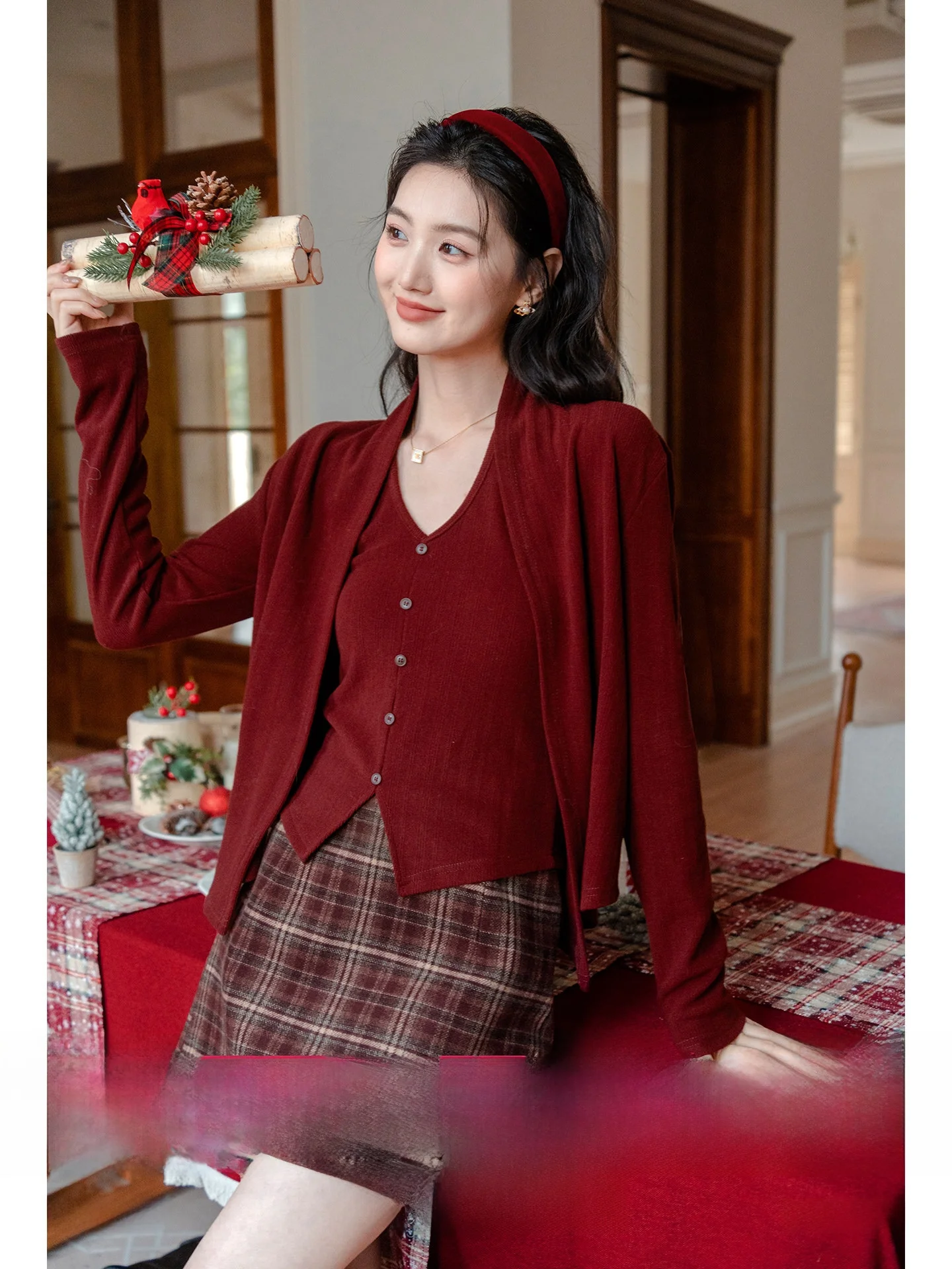 

Sli Red New Year Women's Faion Set Long Sve V-Ne Knitted Dr High Waist Pants Warm And Comfortable Winter Outfit