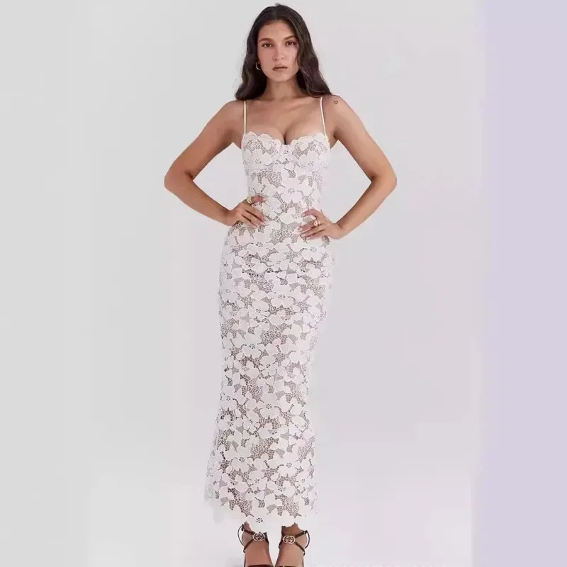 Vestido blanco transparente de malla de encaje para mujer, traje Sexy, elegante, sin mangas, Espalda descubierta, Floral, ahuecado, fiesta de verano