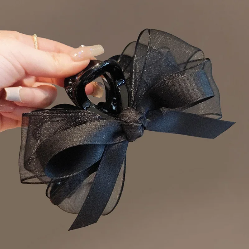1pc Black Mesh Bow, Grab Clip, Multiple Hair Clips, High-end Headpiece, Elegant Shark Clip