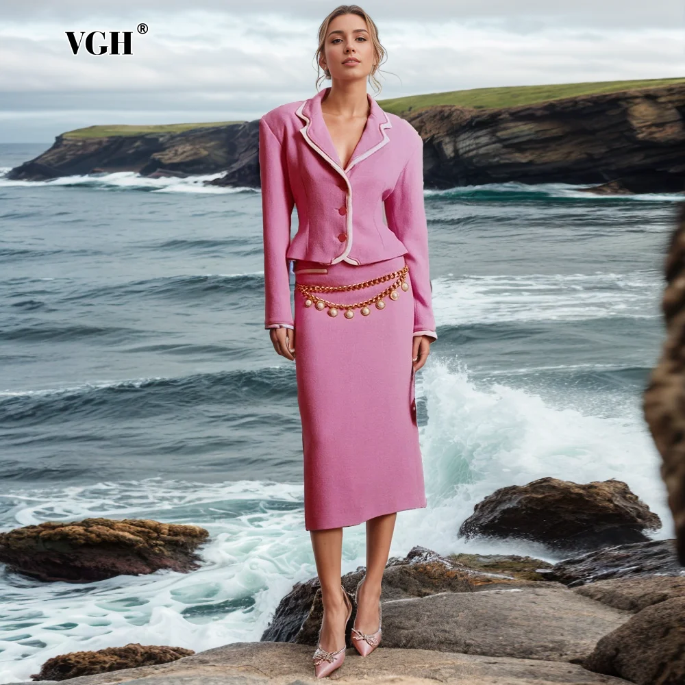 

VGH Temperament Slimming Two Piece Set For Women Lapel Long Sleeve Coat High Waist Bodycon Skirt Elegant Sets Female Fashion New