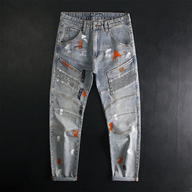 

2025 New Graffiti Splash Ink Splicing Jeans for Men, Slim Fit, Small Feet, Elastic, Nostalgic, Heavy Weight Denim Pants