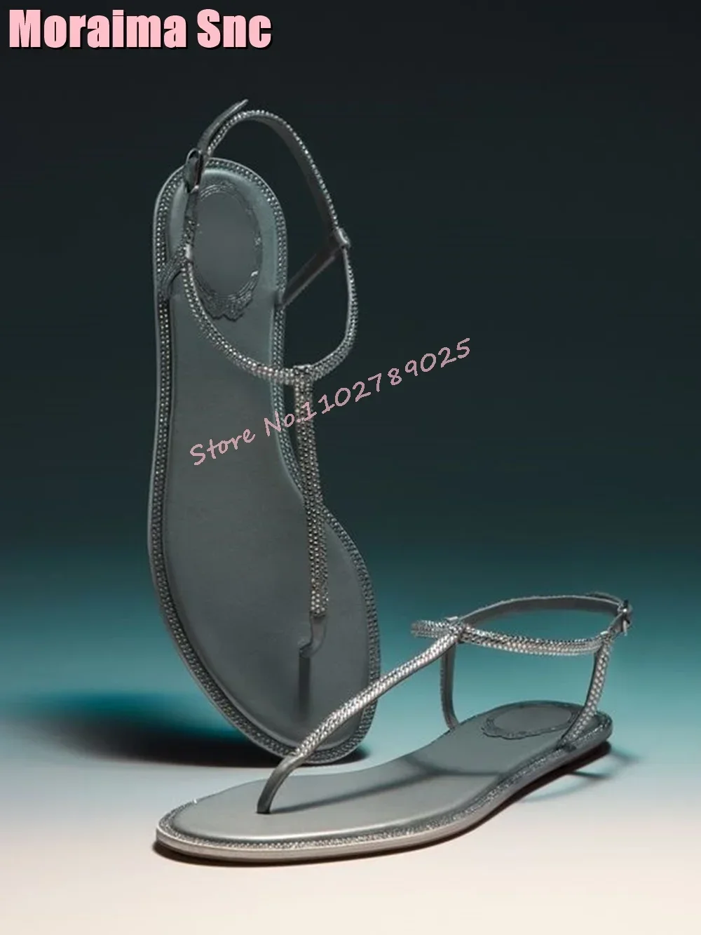 

New Crystal Trim Bling Clip Toe Flat With Sandals Ankle Buckle Strap Solid Luxury Fashion Women's Shoes Summer Casual Outdoor