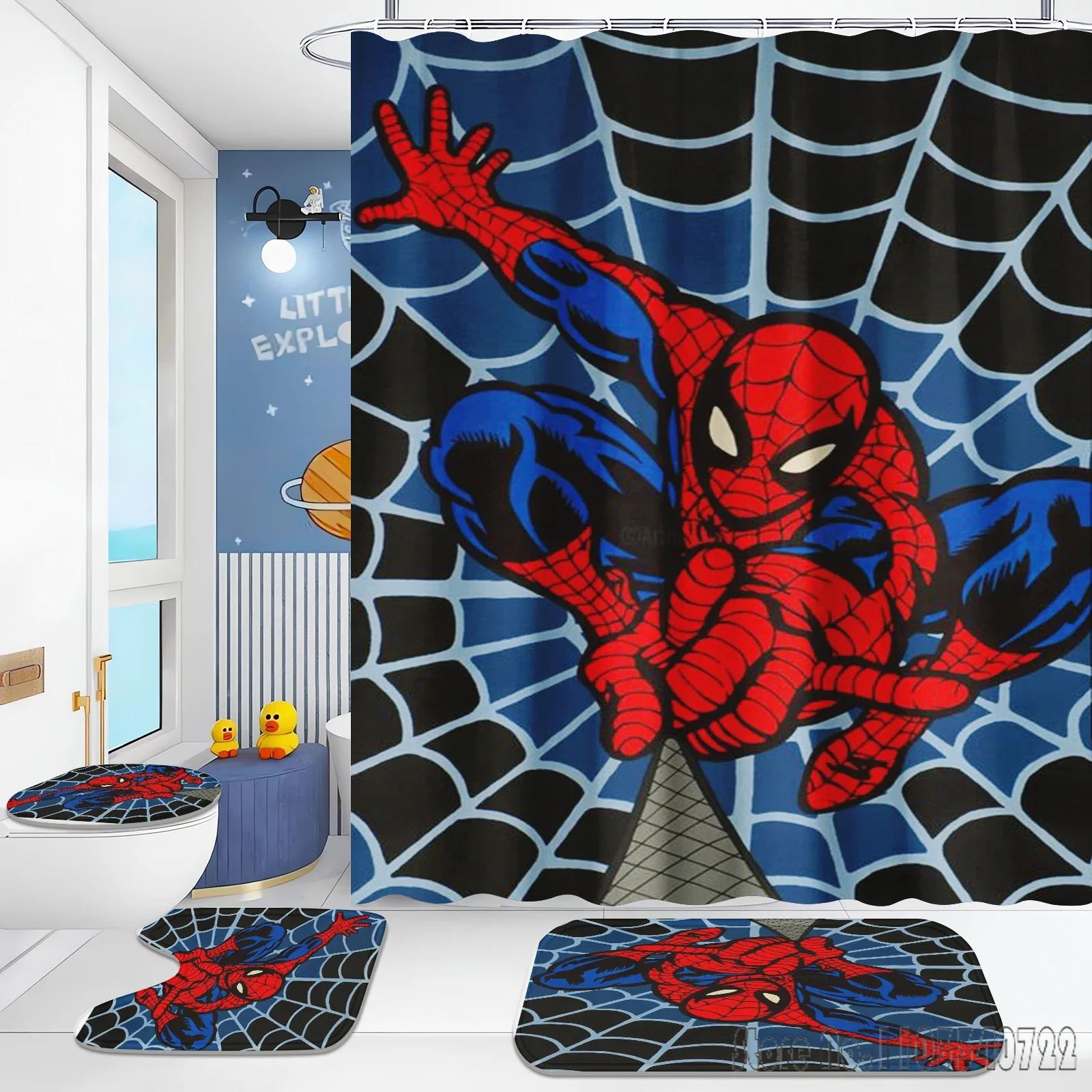 男の子用スパイダーマンシャワーカーテン,防水,バスルーム,トイレ,カーペット,装飾,4個