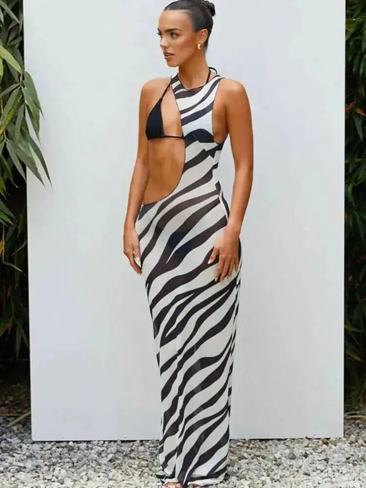 Zebra-Print Lange Strand Kleid Cover-Ups Sexy Transparent Mesh Maxi Kleid Gestreiften Cut Out Bodycon Urlaub Sommer Kleid frauen U0E8
