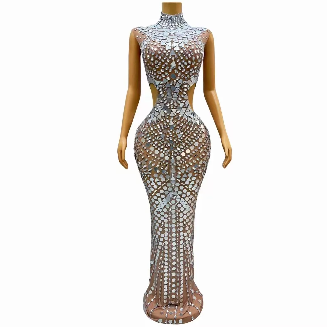 

Sexy Stage Silver Mirrors Rhinestones Hollow Waist Dress Transparent Outfit Dance Stage Show Nightclub Costume Photoshoot Dress