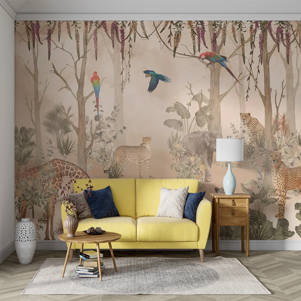 

Milofi custom 3d self-adhesive wallpaper, hand-painted Southeast Asian murals, tropical rainforest, giraffe animals, living room