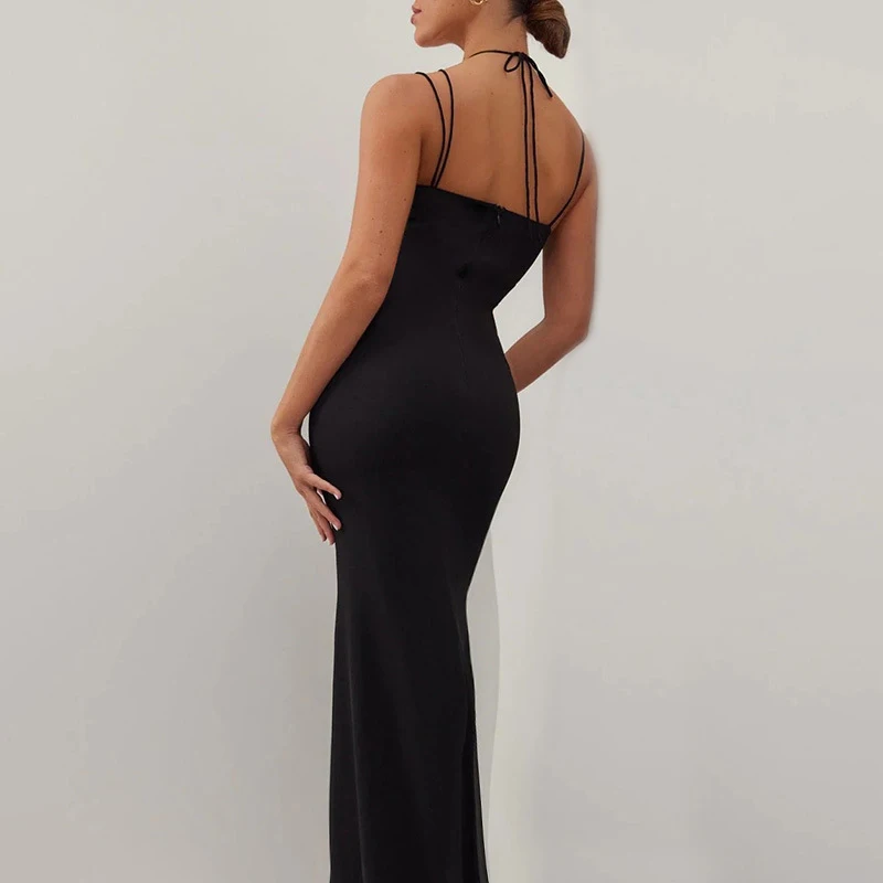 Spaghetti träger aus geschnitten langes Kleid elegantes Korsett Abend party kleid für Frauen rücken frei schiere figur betonte Maxi kleid schwarz