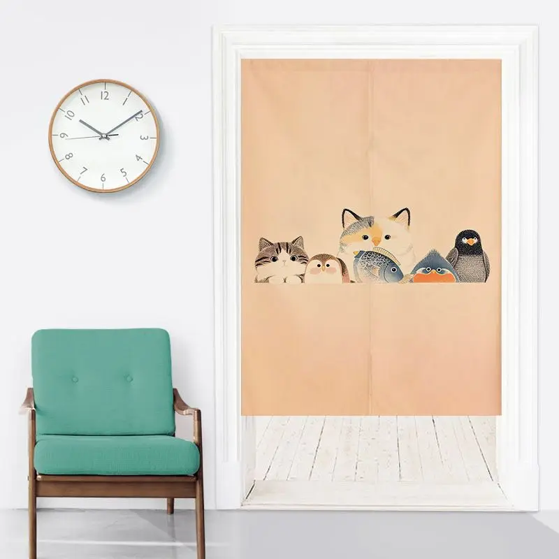 VIKAMA Vintage Cat Hanging Door Curtain, Stacked Kittens Half Door Privacy Screen, Durable Fabric Home Decor Noren