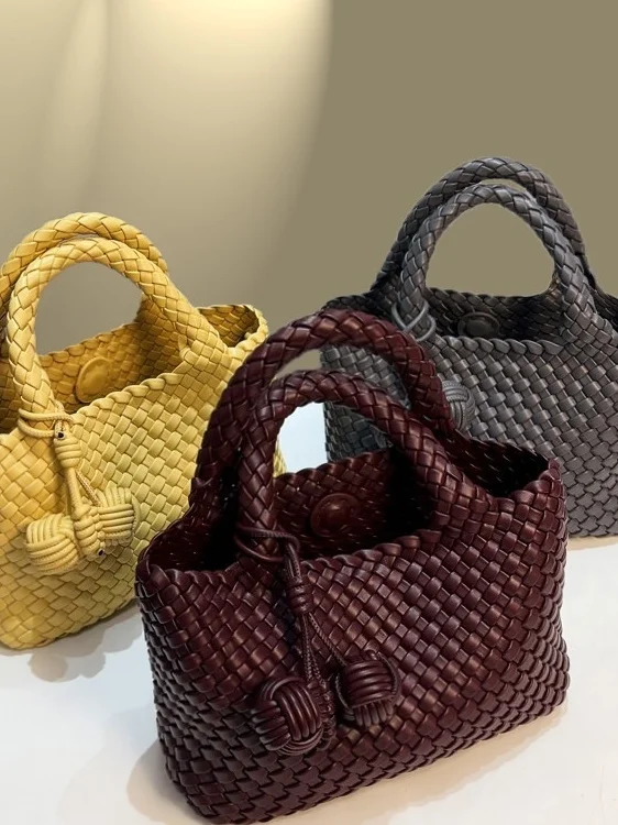 Handwoven Small Tote Bag Leather Handheld Basket Fashionable Pure Color Versatile Design Commute Style Magnetic Buckle Closure
