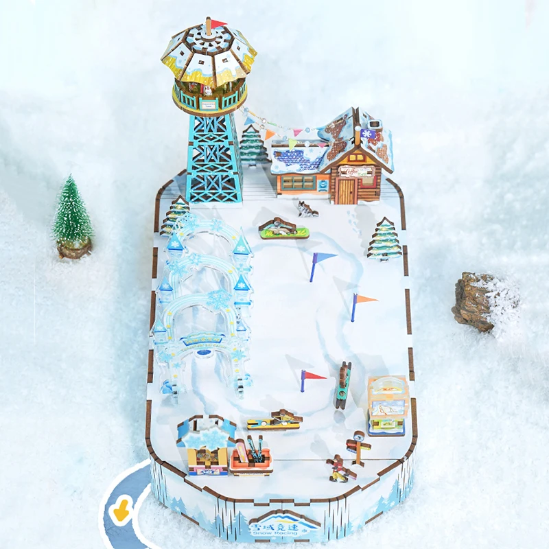 Boîte à musique de course de neige en bois 3D bricolage, kits de modèles miniatures, puzzles peuvent se déplacer pour les enfants, cadeaux d'anniversaire, décoration de la maison