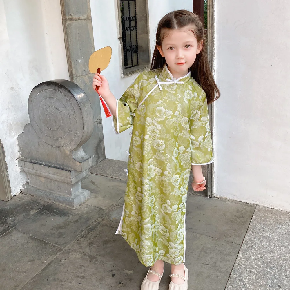 

Half Sleeves Qipao For Girls Summer Floral Long Dress 3-10 Years Teenager Chinese Style Cheongsam Traditional Ethnic Costumes