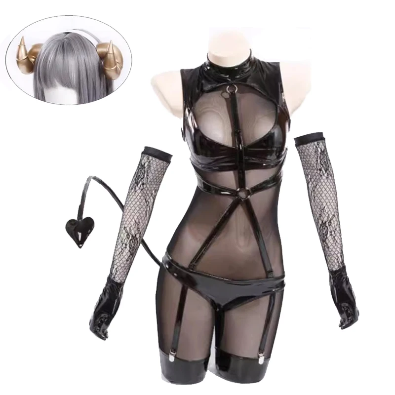 

Sexy Demon ELF Cosplay Costume Women Sexy Patent Leather Transparent Bodysuit Bunny Girl Outfit Halloween Carnival Party Clothes