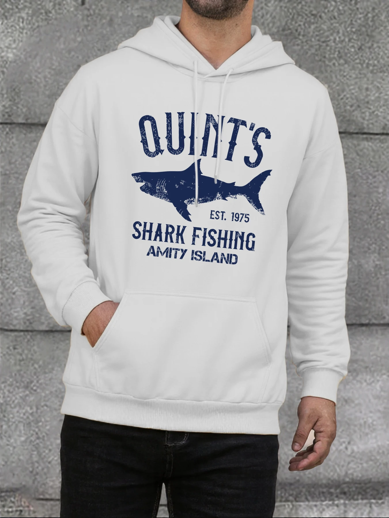 Quint'S Shark Fishing Amity Island Prints Herren Hoodies Herbst Mode Pullover Fleece Lose Mit Kapuze Weiche Warme Straße Männer Kleidung