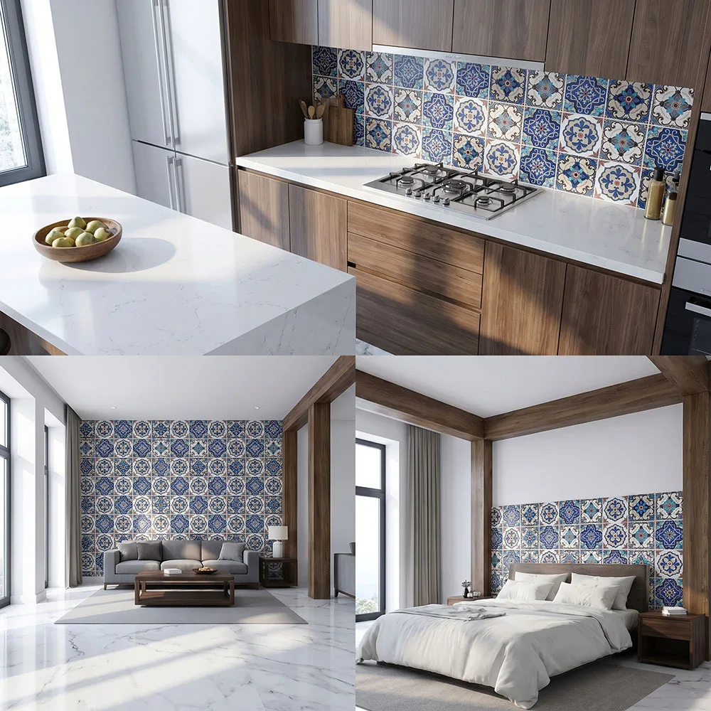 Blue Brown Spanish Talavera Tile Peel & Stick Wallpaper, PVC Self-Adhesive Contact Paper for Kitchen Backsplash & Bathroom Decor view 2