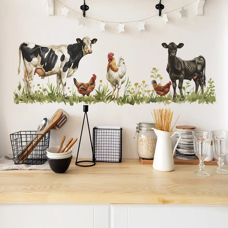 Animal Spring Flowers Grass Cow Rooster Self Adhesive Wall Sticker Peel And Stick Wall Decal For Kids Room Bedroom Entryway Home