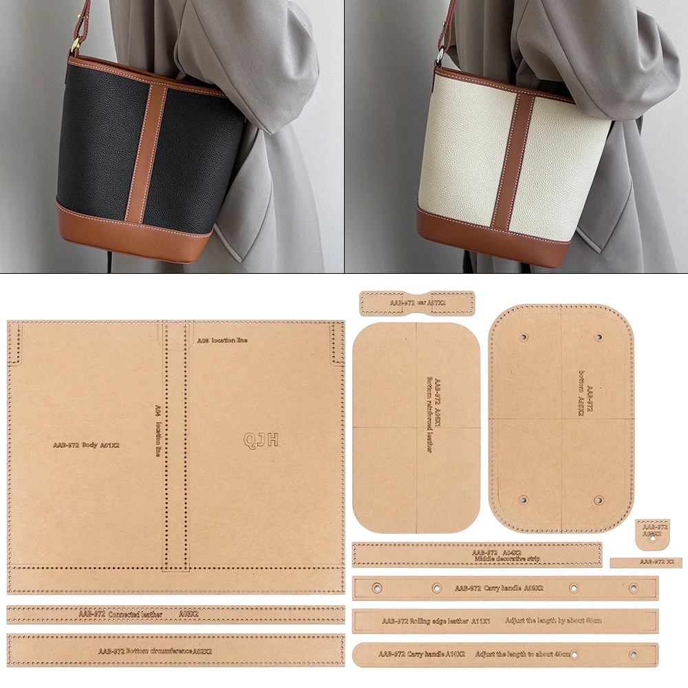 1set DIY Kraft Paper Template, Leather Craft with Hole Sewn Paper Pattern Mold for Manual Cutting Sewing Bucket Bag/Crossbody Ba