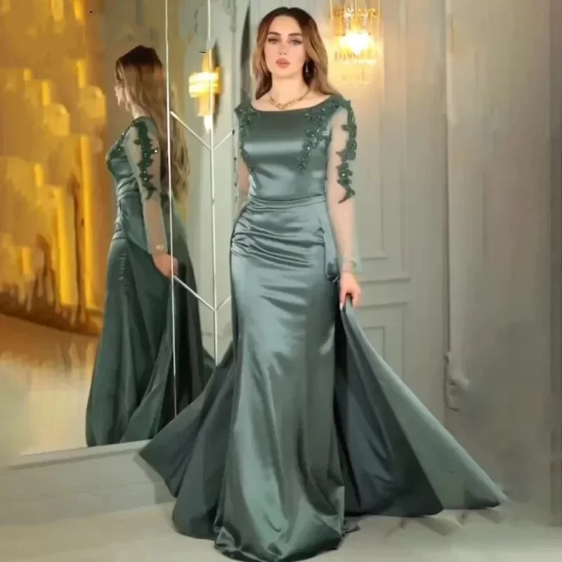 

2025 New Modern Arabic Mermaid Evening Dress Scoop Appliques Beaded Long Sleeves Green Satin Formal Prom Party robe de soiree