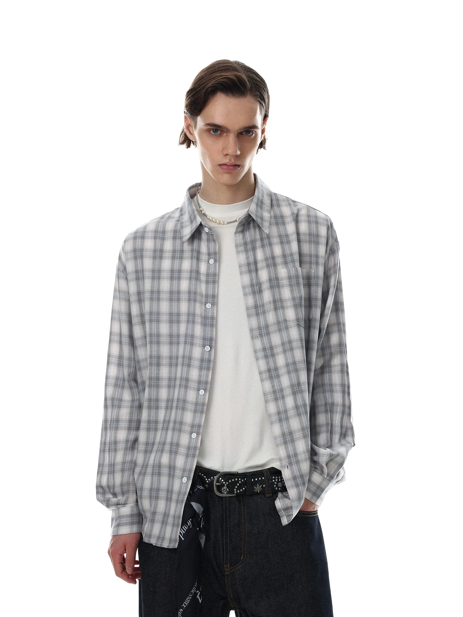 MR NEARLY American Style Vintage Plaid Color Block Long Sleeve Men's Loose Casual Commute Shirt Breathable Cotton Comfortable