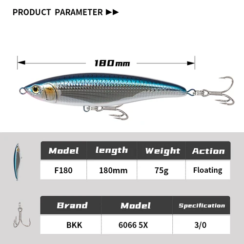 Imagen 2 del producto JIGGING PRO 180mm 75g Topwater flotante lápiz señuelo superficie Wobbler caminar el perro cebo duro Artificial para atún de lubina