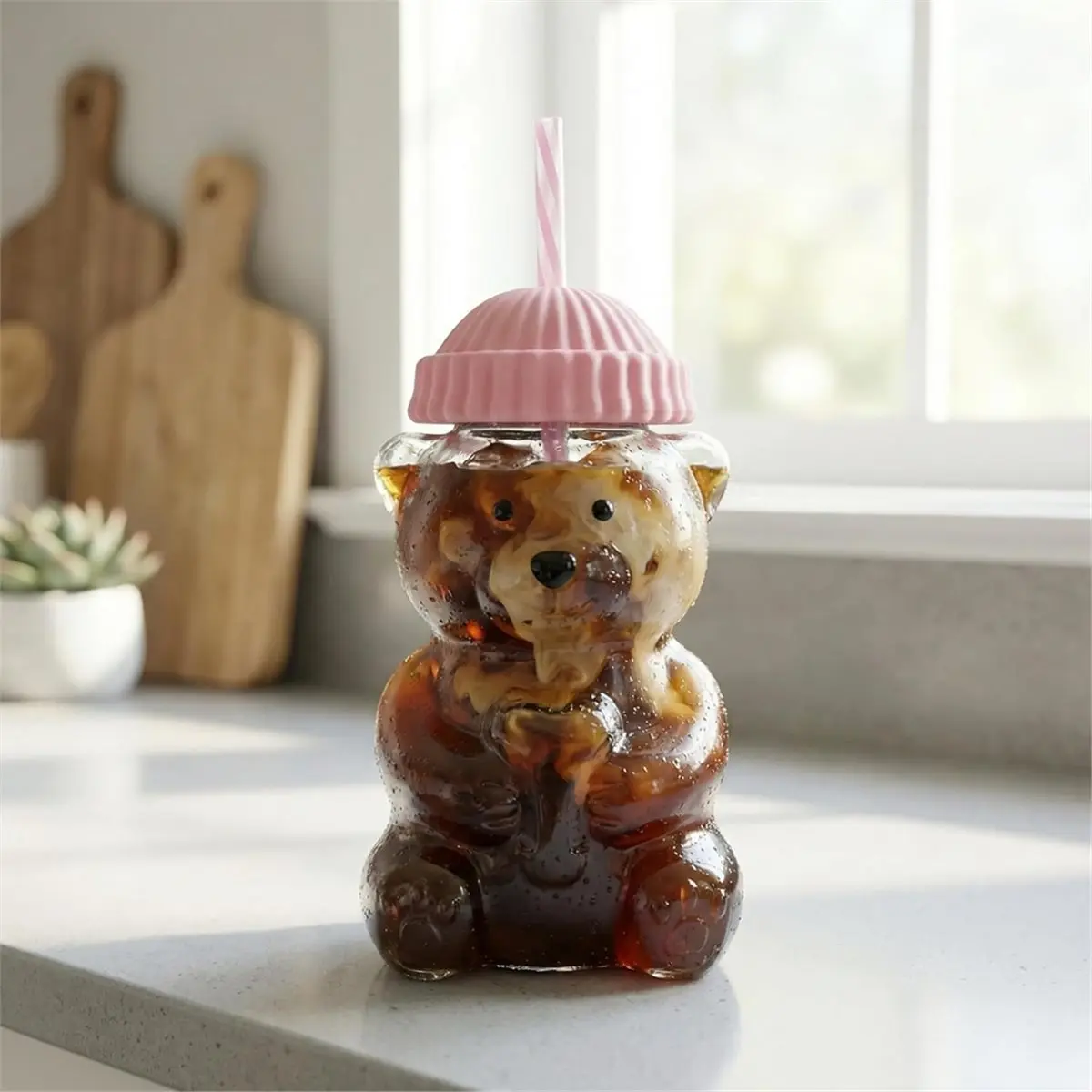 2026 New Glass Bear Cup,Bear Cup with Straw, 500ml Reusable Bear Glass Tumbler with Lid for Iced Coffee, Milk Tea, and Cocktails