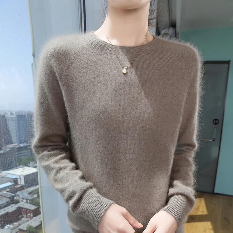 

2024 Autumn Winter Women's Round Neck Mink Wool Loose Pullover Cashmere Sweater Long Sleeved Solid Color Knitted Bottom Sweaters