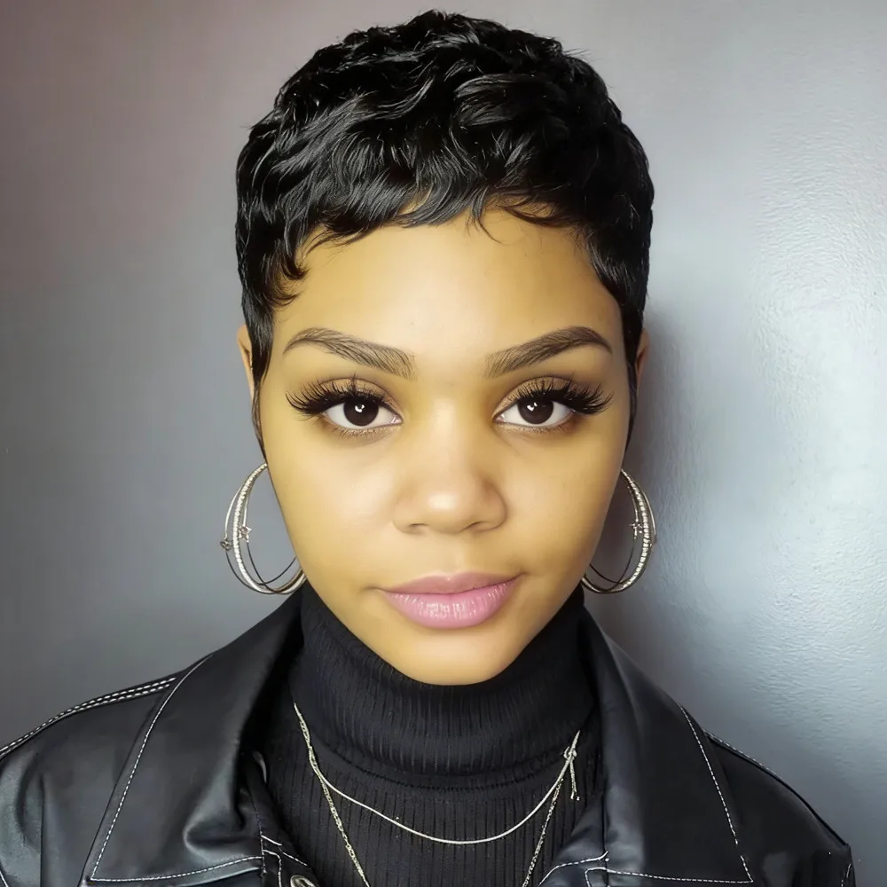 

Парик из натуральных волос pixie wave, машинной работы, для женщин, 4 дюйма, прямой, короткий, многослойный, плотность 150%, натуральный черный цвет.