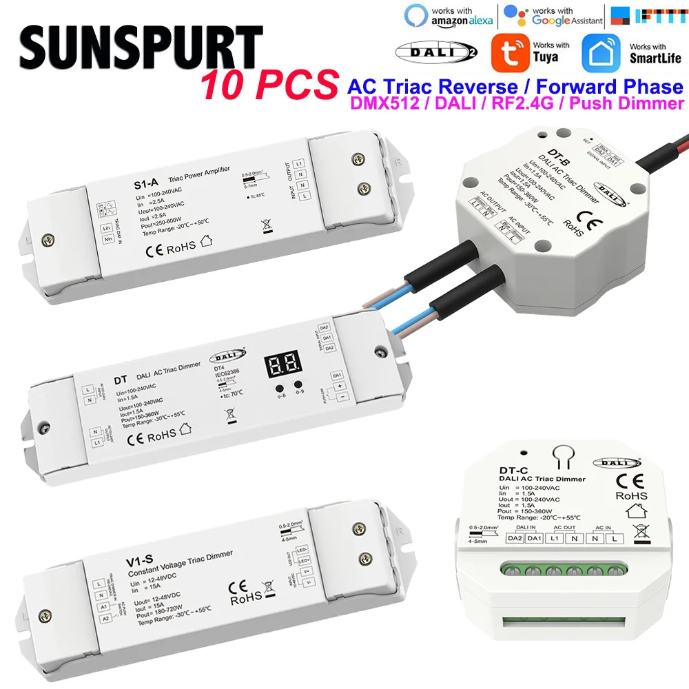 10 Skydance DT-C DT4 DALI AC100-240V 360W Triac con interruptor de pulsación, regulador de intensidad de borde descendente para lámparas LED regulables de un solo color
