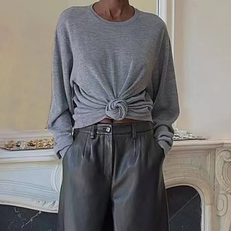 

Women's sweater 2025 Winter new elastic knitted slim fit long sleeved top 100% wool round neck pullover T-shirt jersey for women