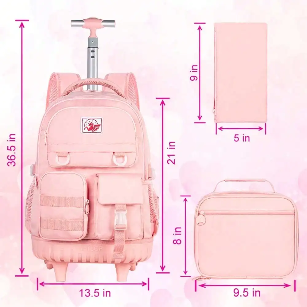 Rolling Backpack For Girls, 21 Inch Water Resistant Roller Wheels Backpacks, Wheeled Bookbag With Lunch Bag For Teen Elementary School Travel - Pink