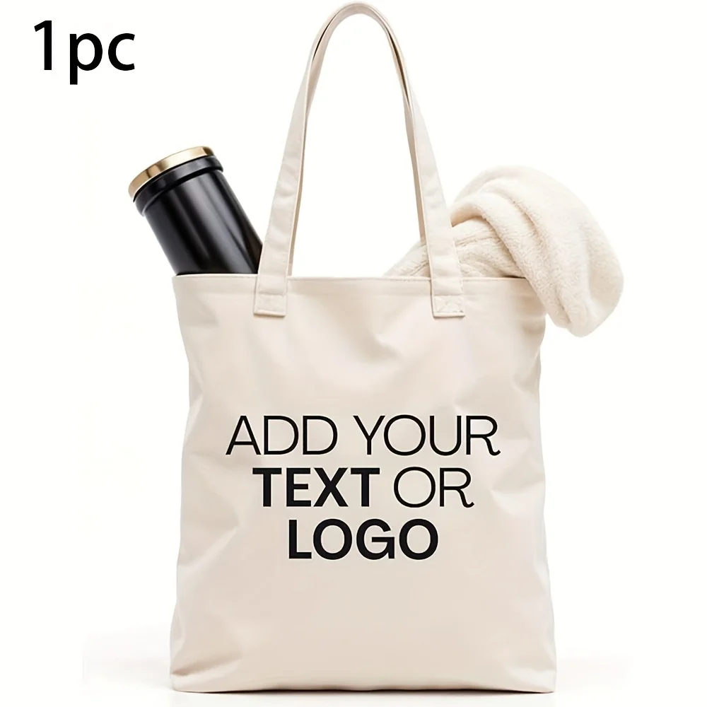 1/20pcs custom tote bag-reusable durable polyester shopping bag with personalized text/logo, open design, beige casual lady bag