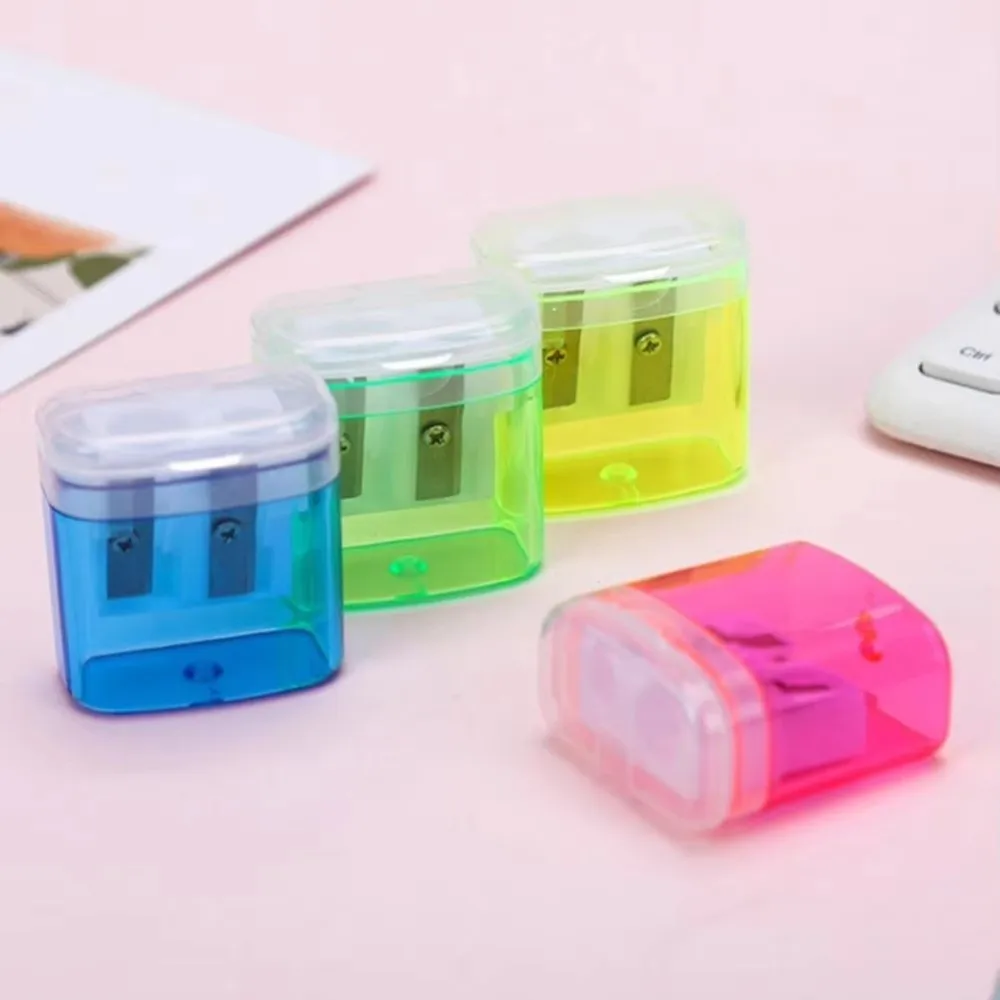 Sacapuntas de Doble Orificio de Alta Calidad con Tapa, Sacapuntas Manual de Plástico, Herramienta para Afilar Lápices, Material Escolar para Estudiantes