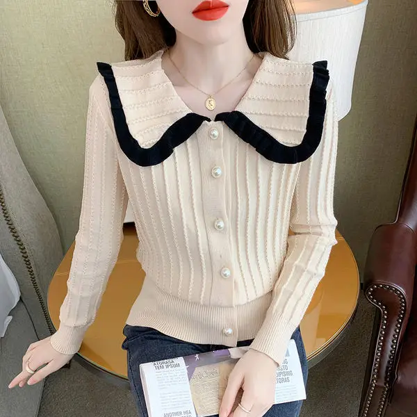 Sweet Peter Pan Collar Spliced Button Folds Sweaters Women\'s Clothing 2024 Autumn Winter Solid Color Casual Cardigan Tops