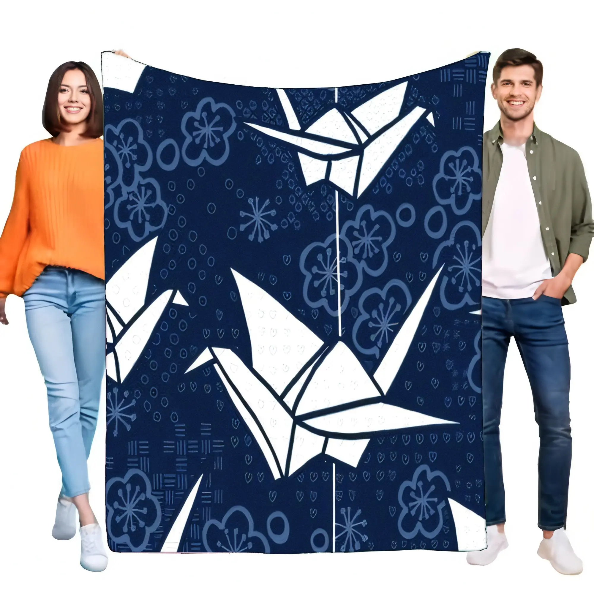 Japanese Origami Crane Blanket Soft Cozy Flannel Throw Navy Blue Folk Art Floral Pattern Bed Sofa Home Decor Gift for Adults Kid