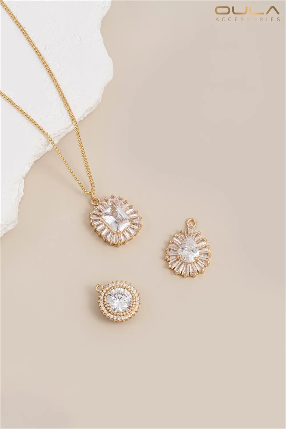 

Zircon Pendant 14K, Gold-plated, Slightly Inlaid Zircon Round Rectangular, Teardrop-shaped Diy Necklace Collarbone Chain Pendant